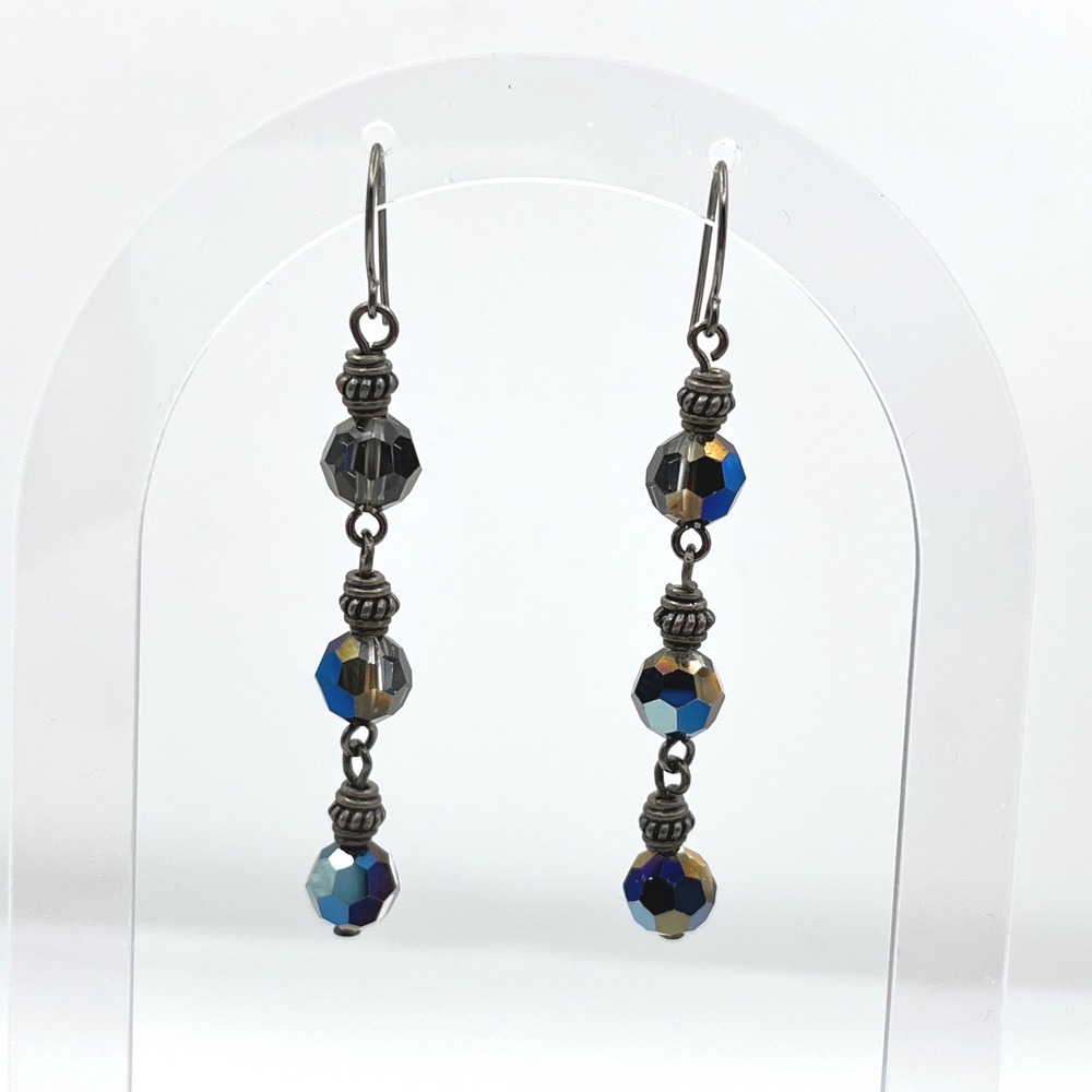 Blue‎ Iridescent Faceted Glass Bead Drop Earrings Antiqued Silver Tone Boho